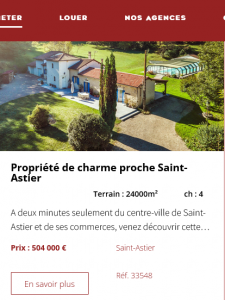 Fiche produit d'une propriété à St Astier avec une vue aérienne, une description des lieux, le prix